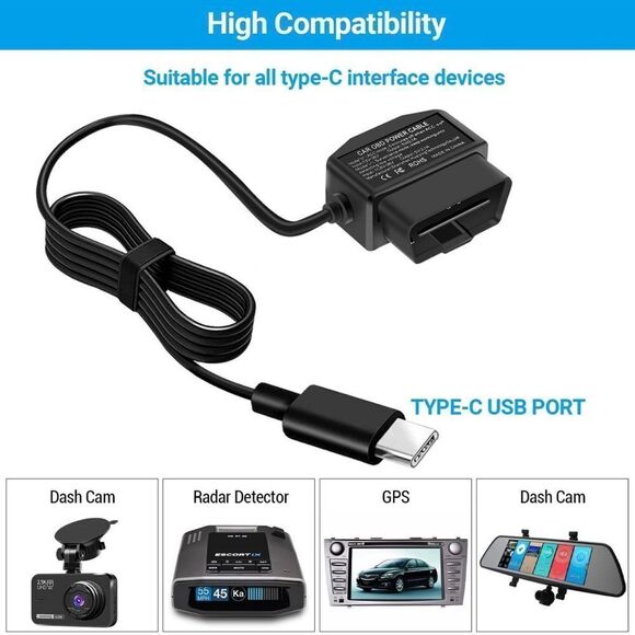 Power Cable For Dash Camera OBD To Type-C USB OBD2 Charger Cable Two Modes NIB - Picture 4 of 7